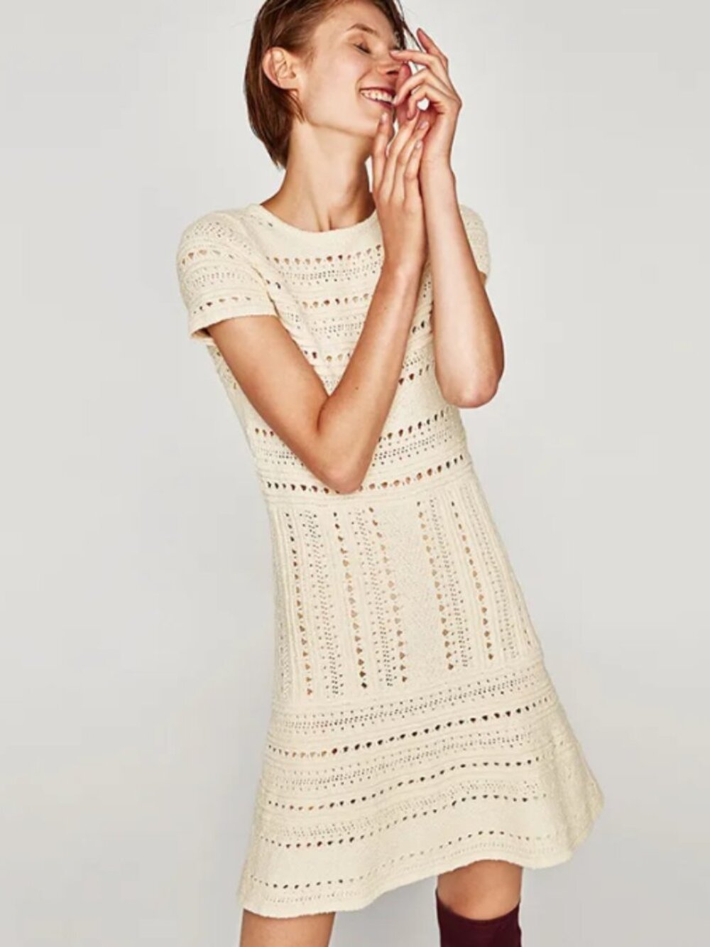 Zara Knit Crochet Dress Short Sleeve Cream Boho Resort Cottagecore Medium